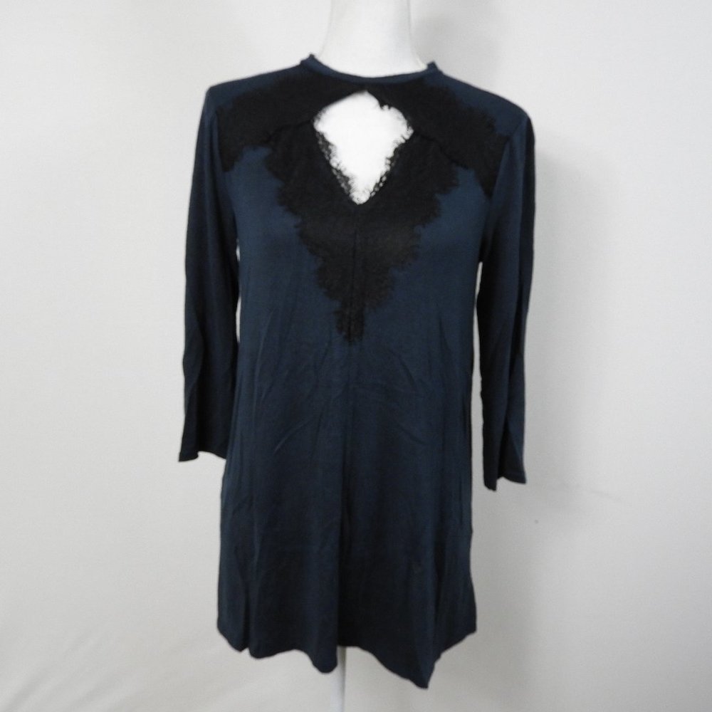 Maurices Deep Green Blue V-Neck Sweater with Black Lace Trim